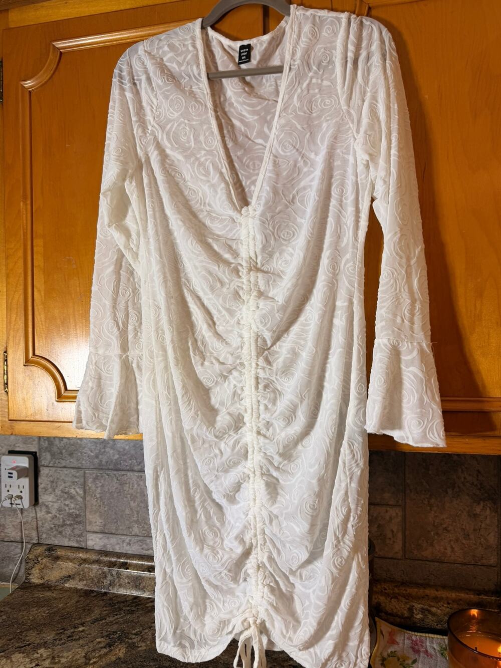 White textured rose floral mesh long sleeve dress SHEIN Curve 1XL